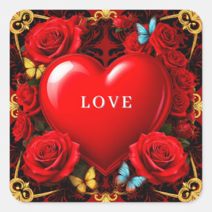 Romantisch rood hart omlijst door rozen en vlinder vierkante sticker