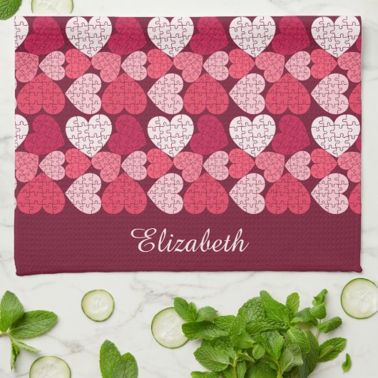 Romantisch Rood & Roze Jigsaw Puzzel Hartpatroon Theedoek (Gevouwen)