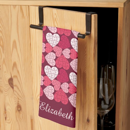 Romantisch Rood & Roze Jigsaw Puzzel Hartpatroon Theedoek (Derde Gevouwen)