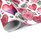Romantisch rood roze roos & harten waterverfpatroo cadeaupapier (Rol Hoek)