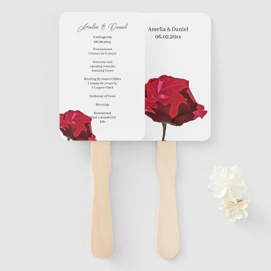 Romantisch rood rozen huwelijksceremonieprogramma handwaaier (Voorkant en achterkant)