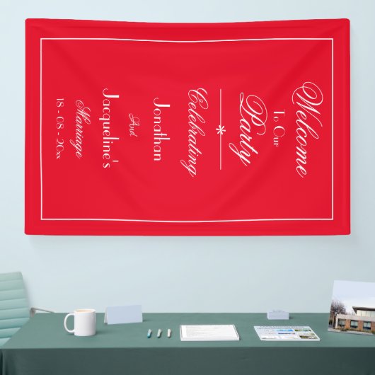 Romantisch rood script bruiloft welkom foto achter spandoek (Beurs)