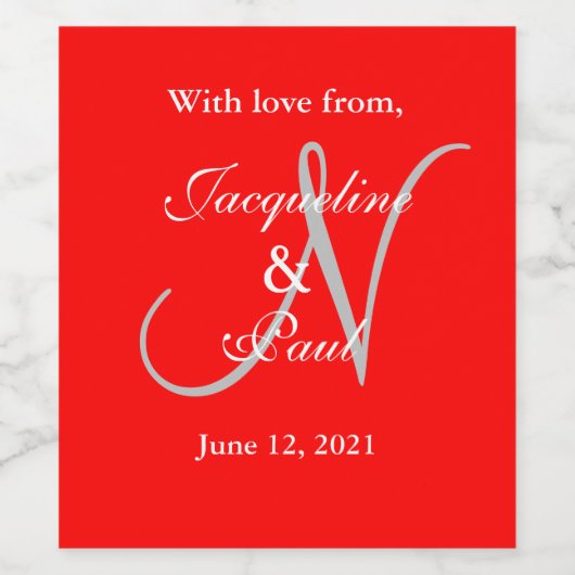 Romantisch Rood Wit Bruiloft Monogram Wijn Etiket (Enkel label)