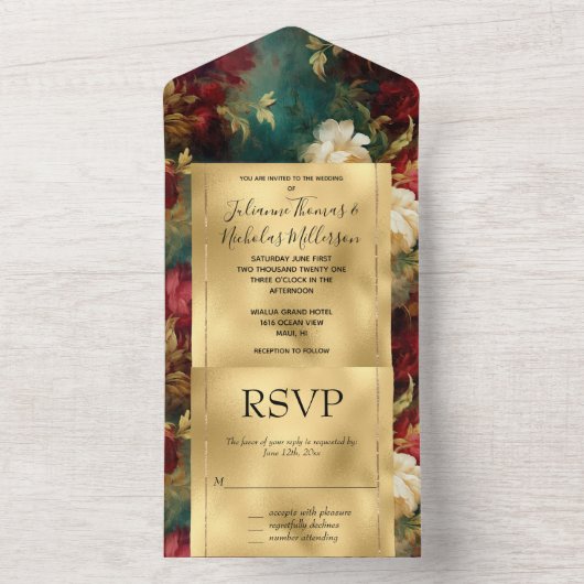 Romantisch Rood Wit Groen Bloemen All In One Uitnodiging (Binnen)