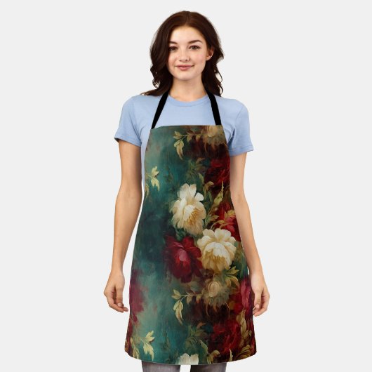 Romantisch Rood Wit Groen Bloemen Schort (Gedragen)