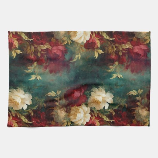 Romantisch Rood Wit Groen Bloemen Theedoek (Horizontaal)