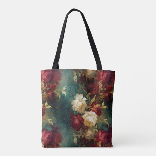 Romantisch Rood Wit Groen Bloemen Tote Bag (Achterkant)