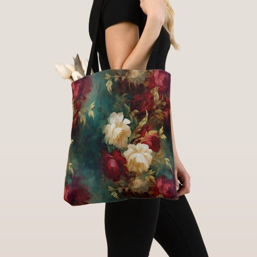 Romantisch Rood Wit Groen Bloemen Tote Bag (Dichtbij)