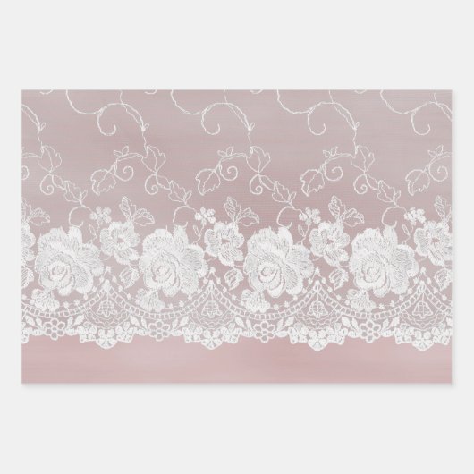 Romantisch Roos Blush Roze Witte Kant Bloemen Huwe Inpakpapier Vel (Voorkant 3)