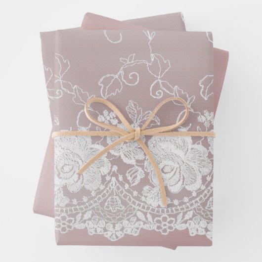 Romantisch Roos Blush Roze Witte Kant Bloemen Huwe Inpakpapier Vel (In situ)