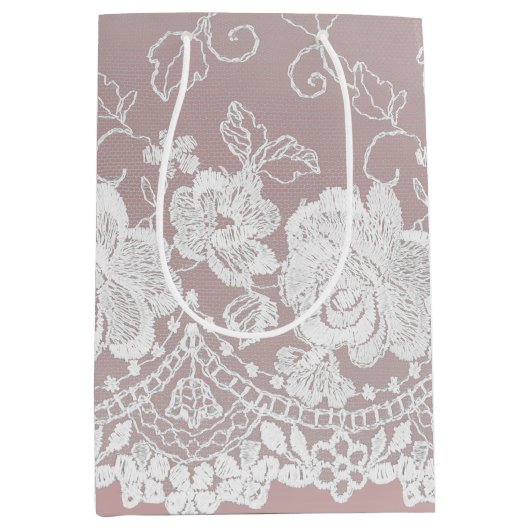 Romantisch Roos Blush Roze Witte Kant Bloemen Huwe Medium Cadeauzakje (Voorkant)