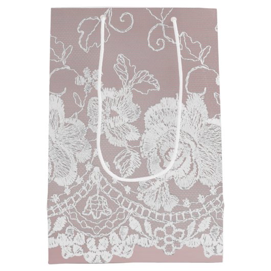 Romantisch Roos Blush Roze Witte Kant Bloemen Huwe Medium Cadeauzakje (Achterkant)
