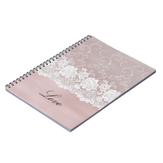 Romantisch Roos Blush Roze Witte Kant Bloemen Notitieboek (Linkerzijde)