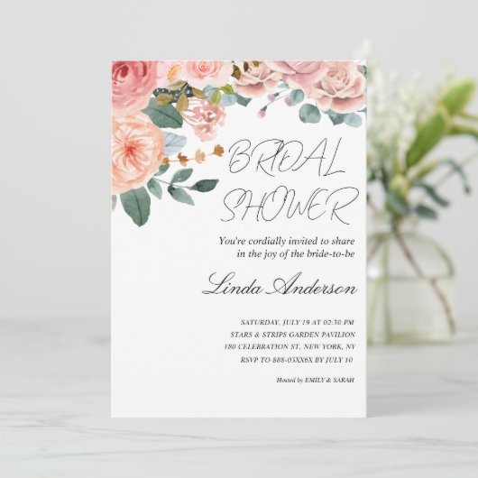 Romantisch Roos bruidsdouche uitnodiging (Staand voorkant)