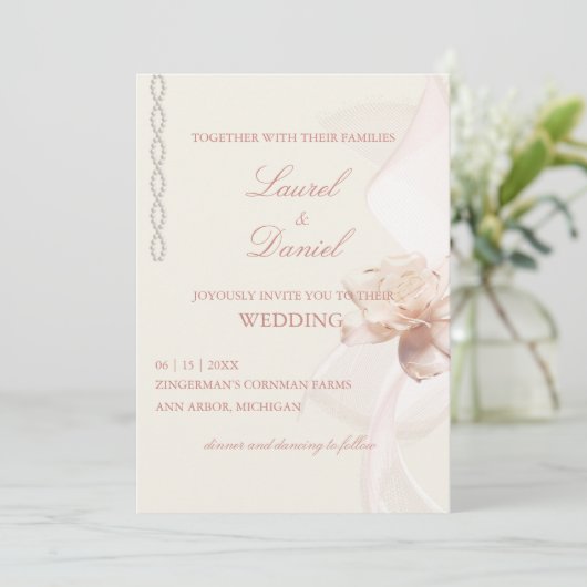 Romantisch Roos bruiloft uitnodiging (Staand voorkant)