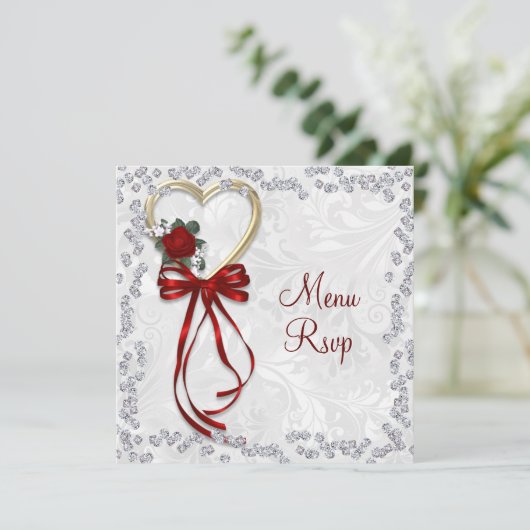 Romantisch Roos, diamant en rood lintje (Staand voorkant)