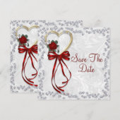Romantisch Roos, diamant en rood lintje Save The Date (Voorkant / Achterkant)