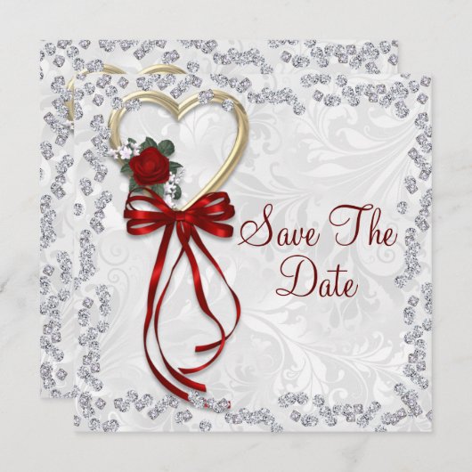 Romantisch Roos, diamant en rood lintje Save The Date (Voorkant / Achterkant)