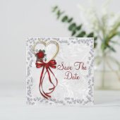 Romantisch Roos, diamant en rood lintje Save The Date (Staand voorkant)