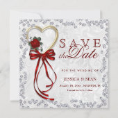 Romantisch Roos, diamant en rood lintje Save The Date (Achterkant)