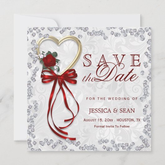 Romantisch Roos, diamant en rood lintje Save The Date (Achterkant)