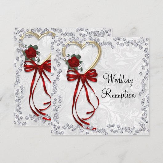 Romantisch Roos, diamanten en Roodlintbruiloft Kaart (Voorkant / Achterkant)