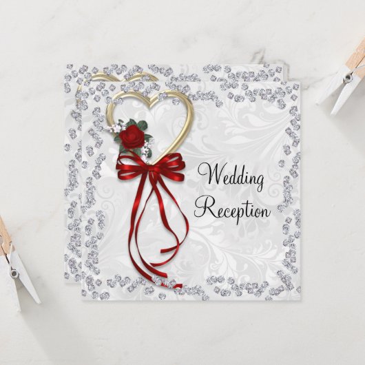 Romantisch Roos, diamanten en Roodlintbruiloft Kaart (Voorkant / Achterkant in situ)