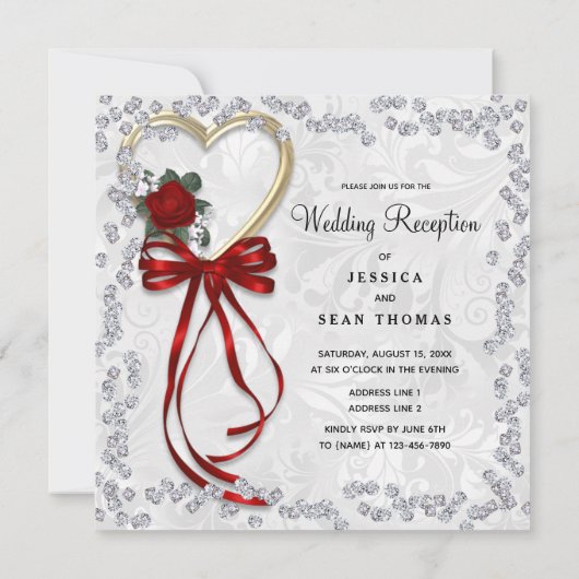 Romantisch Roos, diamanten en Roodlintbruiloft Kaart (Achterkant)