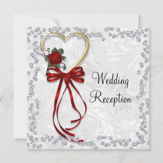 Romantisch Roos, diamanten en Roodlintbruiloft Kaart (Voorkant)