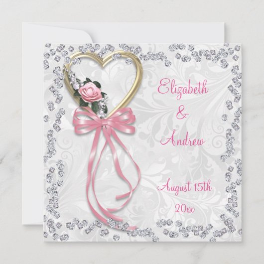 Romantisch Roos, diamanten & lint bruiloft Kaart (Voorkant)