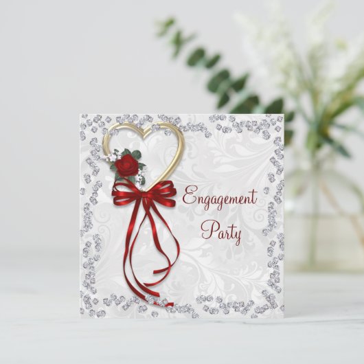 Romantisch Roos, Diamonds & Rood Lint Verloving Kaart (Staand voorkant)