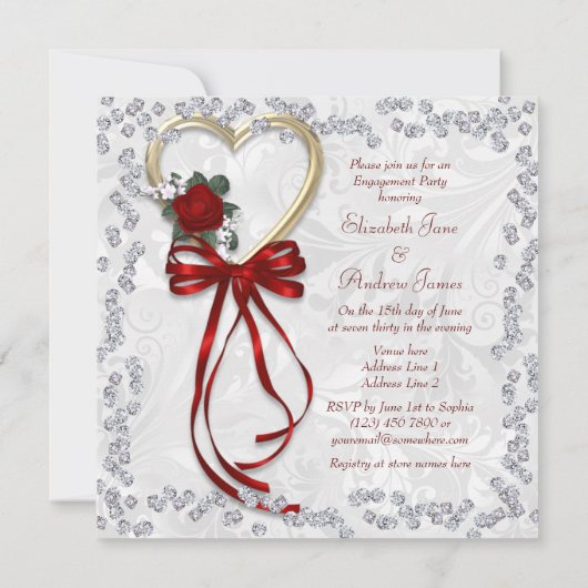 Romantisch Roos, Diamonds & Rood Lint Verloving Kaart (Achterkant)