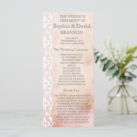 Romantisch Roos- en Lace Wedding-programma Aangepa Programmakaart (Staand voorkant)