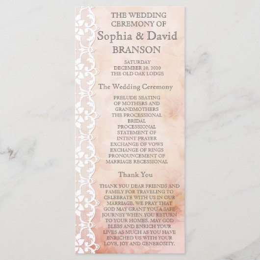 Romantisch Roos- en Lace Wedding-programma Aangepa Programmakaart (Voorkant)