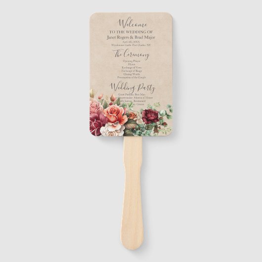 Romantisch Roos Floral Eucalyptus Trouwprogramma Handwaaier (Voorkant)