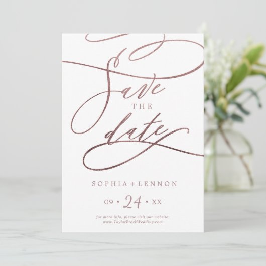 Romantisch Roos Gold Calligrafie Save The Date (Staand voorkant)