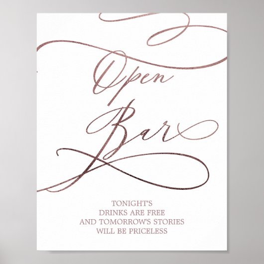 Romantisch Roos Gold Calligraphy Open Bar Sign Poster (Voorkant)