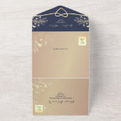 Romantisch Roos Gold en Navy bruiloft All In One Uitnodiging (Buitenkant)