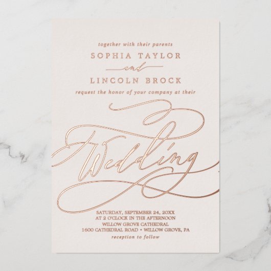 Romantisch Roos Gold Foil | Blush Flourish Wedding Folie Uitnodiging (Voorkant)
