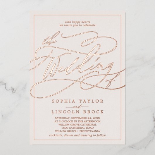 Romantisch Roos Gold Foil | Blush Lijst Weddenscha Folie Uitnodiging (Voorkant)