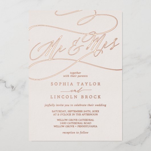 Romantisch Roos Gold Foil | Blush Mr & Mrs Wedding Folie Uitnodiging (Voorkant)
