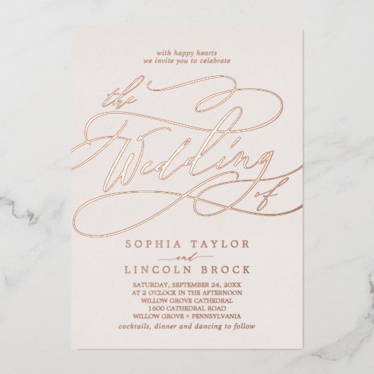 Romantisch Roos Gold Foil | Het huwelijk van Folie Uitnodiging (Voorkant)