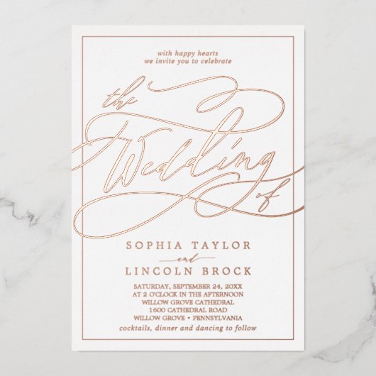 Romantisch Roos Gold Foil kalligrafie Lijst Wedden Folie Uitnodiging (Voorkant)