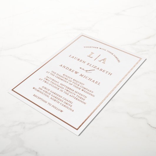 Romantisch Roos Gold Foil Monogram Border Weddensc Folie Uitnodiging (Gedraaid)