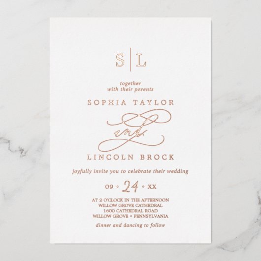 Romantisch Roos Gold Foil Monogram Weddenschap Folie Uitnodiging (Voorkant)