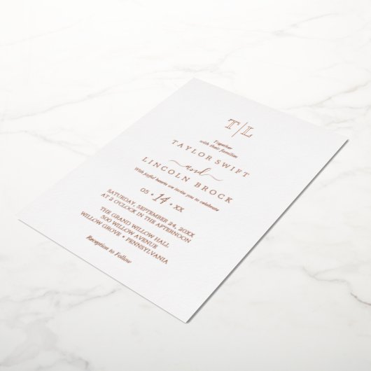 Romantisch Roos Gold Foil Monogram Weddenschap Folie Uitnodiging (Gedraaid)