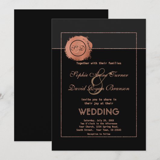 Romantisch Roos Gold Glitter Monogram Weddenschap Kaart (Voorkant / Achterkant)