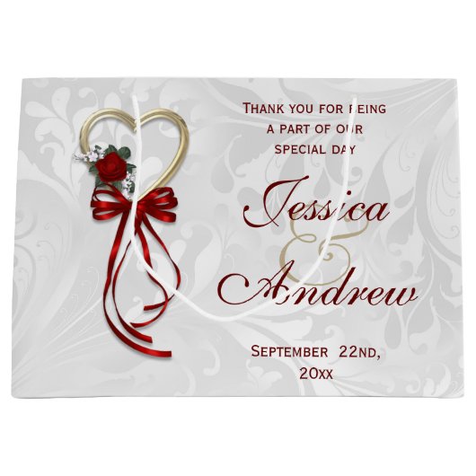 Romantisch Roos, Gold Heart en Red Ribbon Large Cadeautasje (Voorkant)