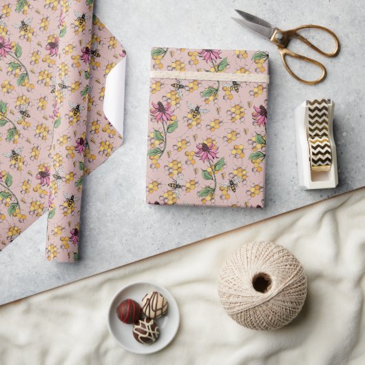 Romantisch Roos Gold Queen Bee, Honingraat & Bloem Cadeaupapier (Crafts)