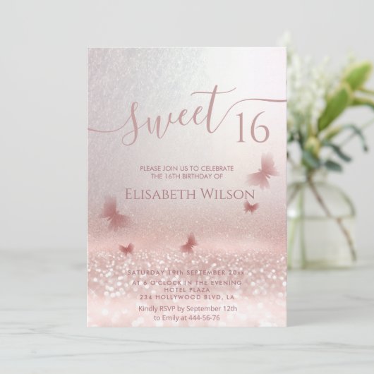 Romantisch Roos goud glittery ombre vlinder foto Kaart (Staand voorkant)